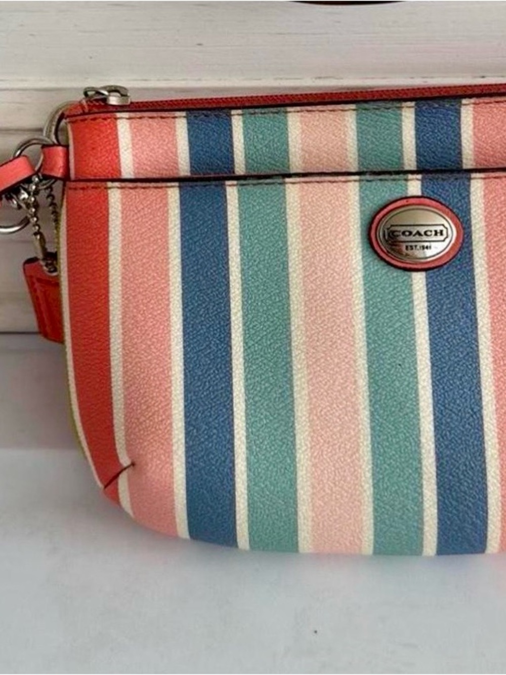 COACH Striped Multi-Color Wristlet — Coral, Blue, Teal & Pink